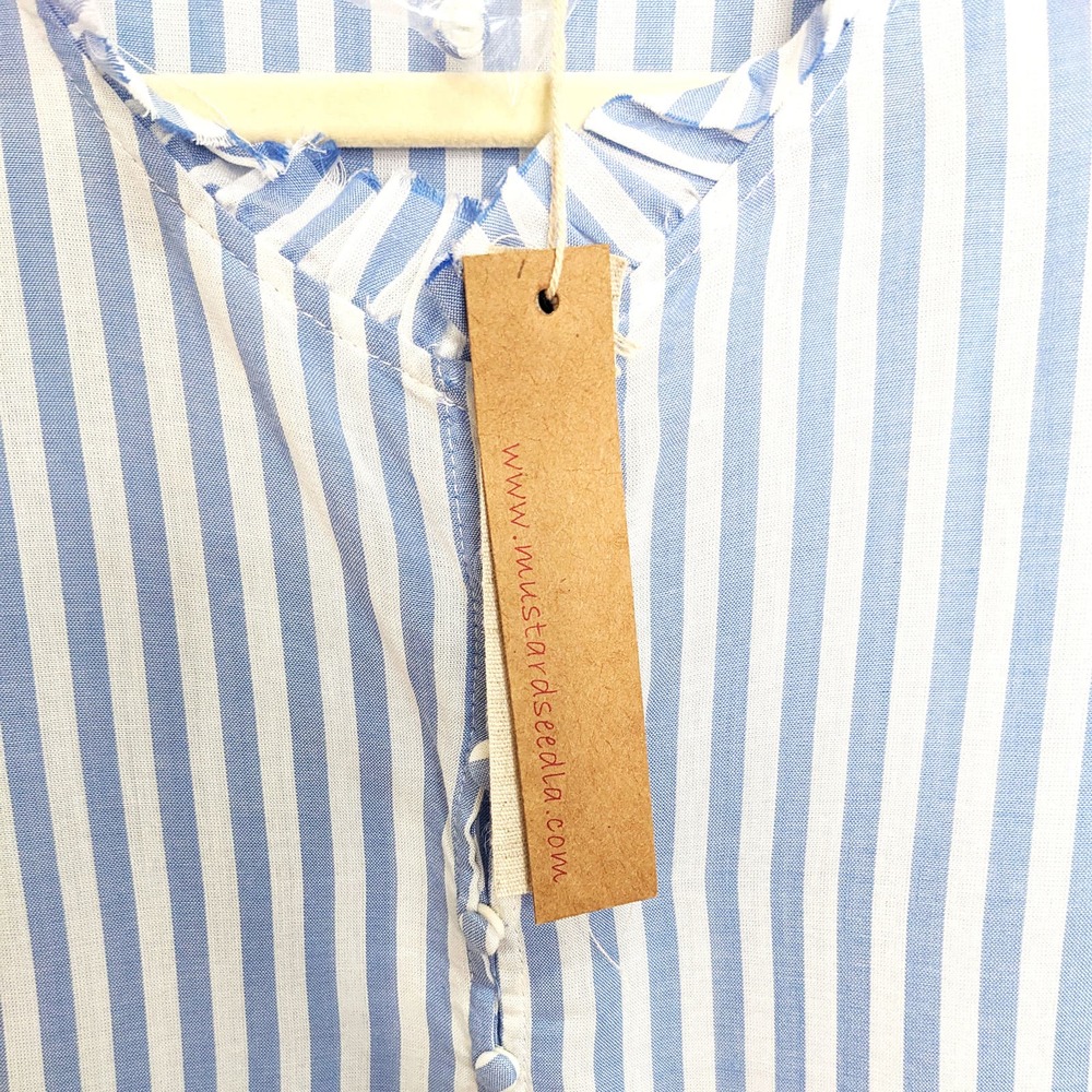 Mustard Seed Womens Large Blouse Button Front Ruffle Striped Blue White - Picture 5 of 6